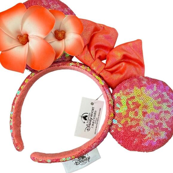 NWT Disney Parks AULANI Minnie Ears Hawaii Pink Sequin Plumeria Headband Merch - Picture 4 of 4